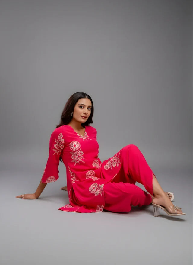 Designer Pink Co-ord Set with Tulip Pants & White Floral Embroidery