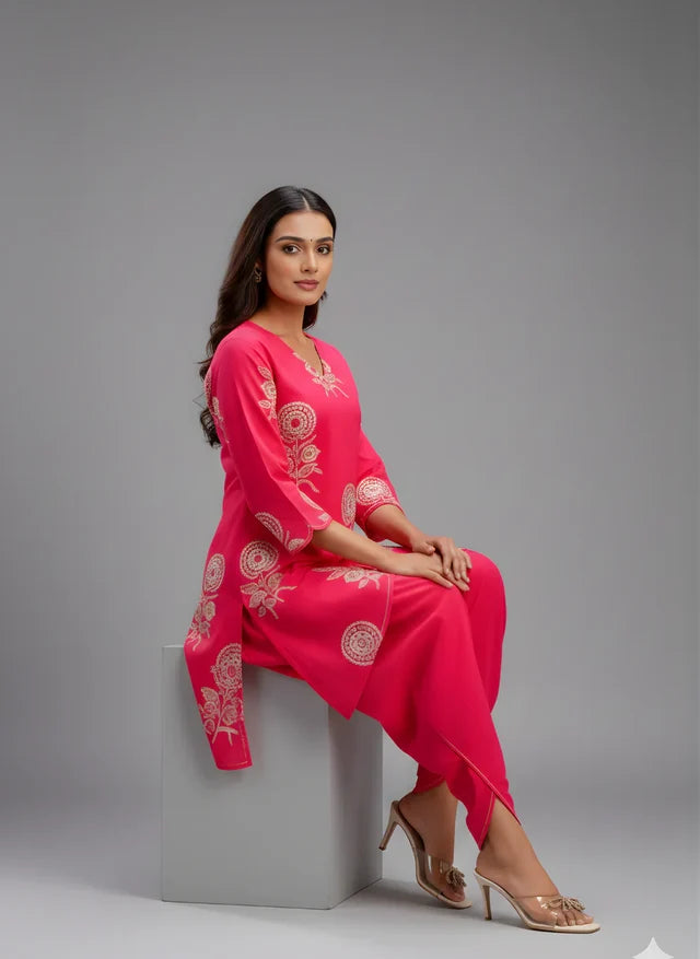 Designer Pink Co-ord Set with Tulip Pants & White Floral Embroidery