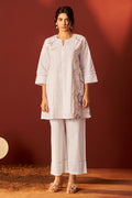 Off-white pure cotton embroidered co-ord set for women with floral top and wide-leg pants
