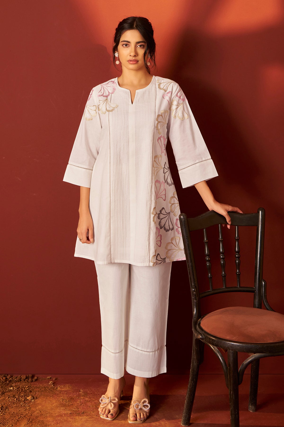 Off White Pure Cotton Embroidered Co-Ord Set