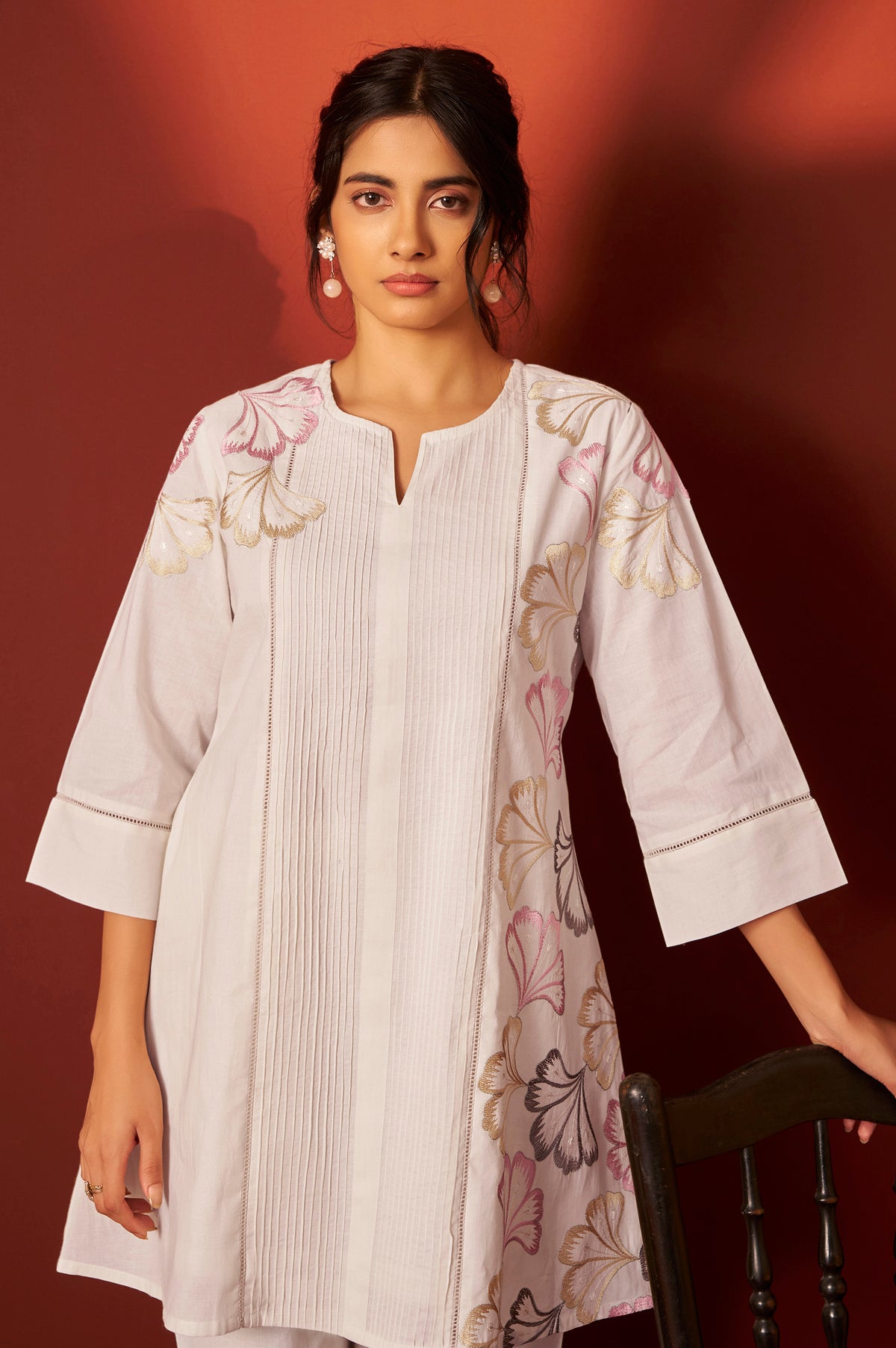 Off White Pure Cotton Embroidered Co-Ord Set