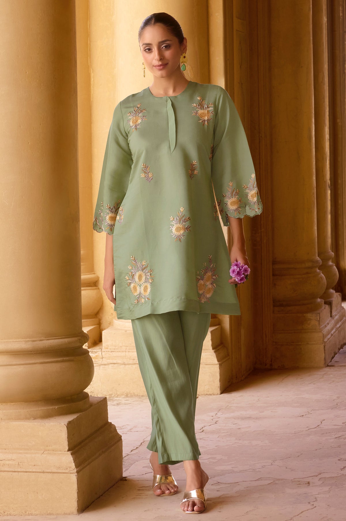Green embroidered Roman silk co-ord set for women with floral kurta and matching pants