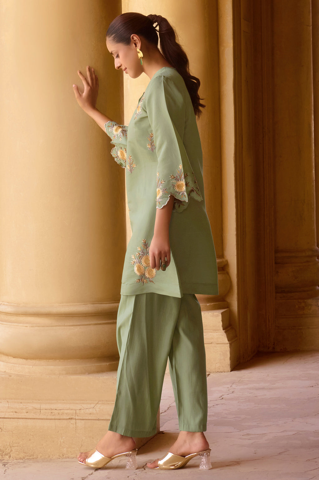 Mustard Yellow Embroidered Roman Silk Co-Ord Set