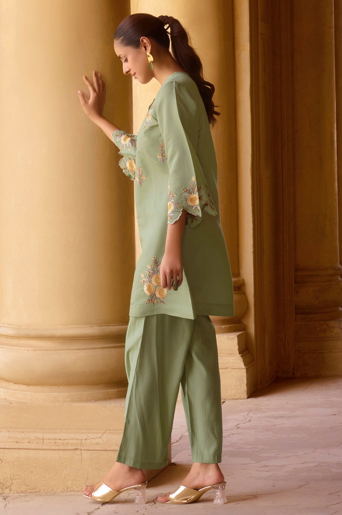 Mustard Yellow Embroidered Roman Silk Co-Ord Set