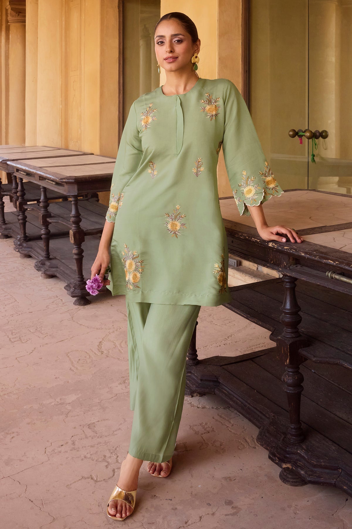 Mustard Yellow Embroidered Roman Silk Co-Ord Set