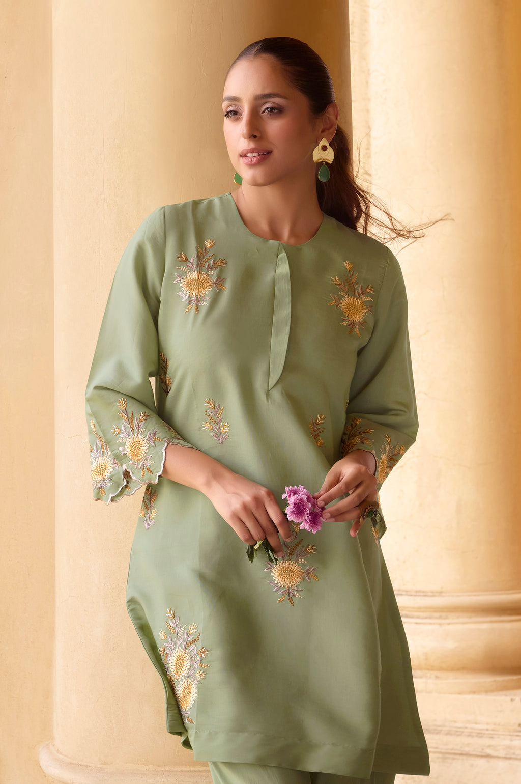 Mustard Yellow Embroidered Roman Silk Co-Ord Set