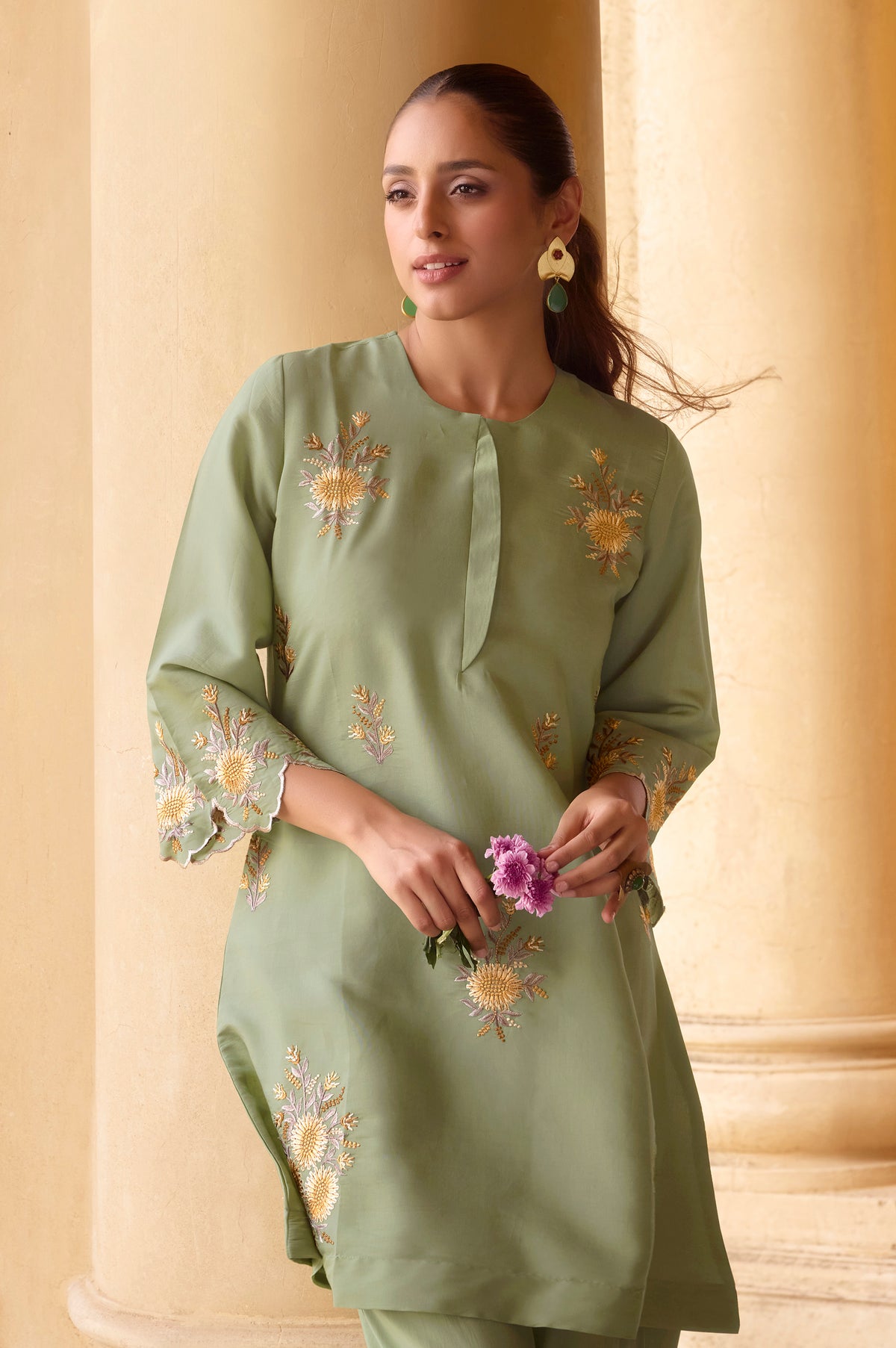 Mustard Yellow Embroidered Roman Silk Co-Ord Set