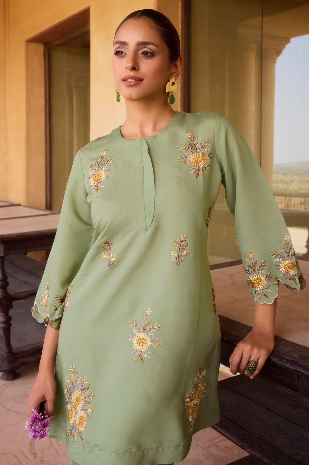 Mustard Yellow Embroidered Roman Silk Co-Ord Set