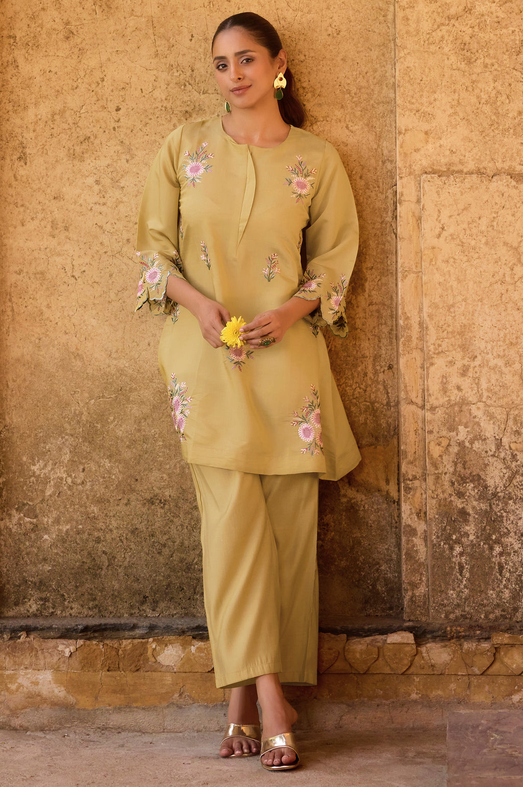 Mustard yellow embroidered Roman silk co-ord set for women with floral kurta and matching pants