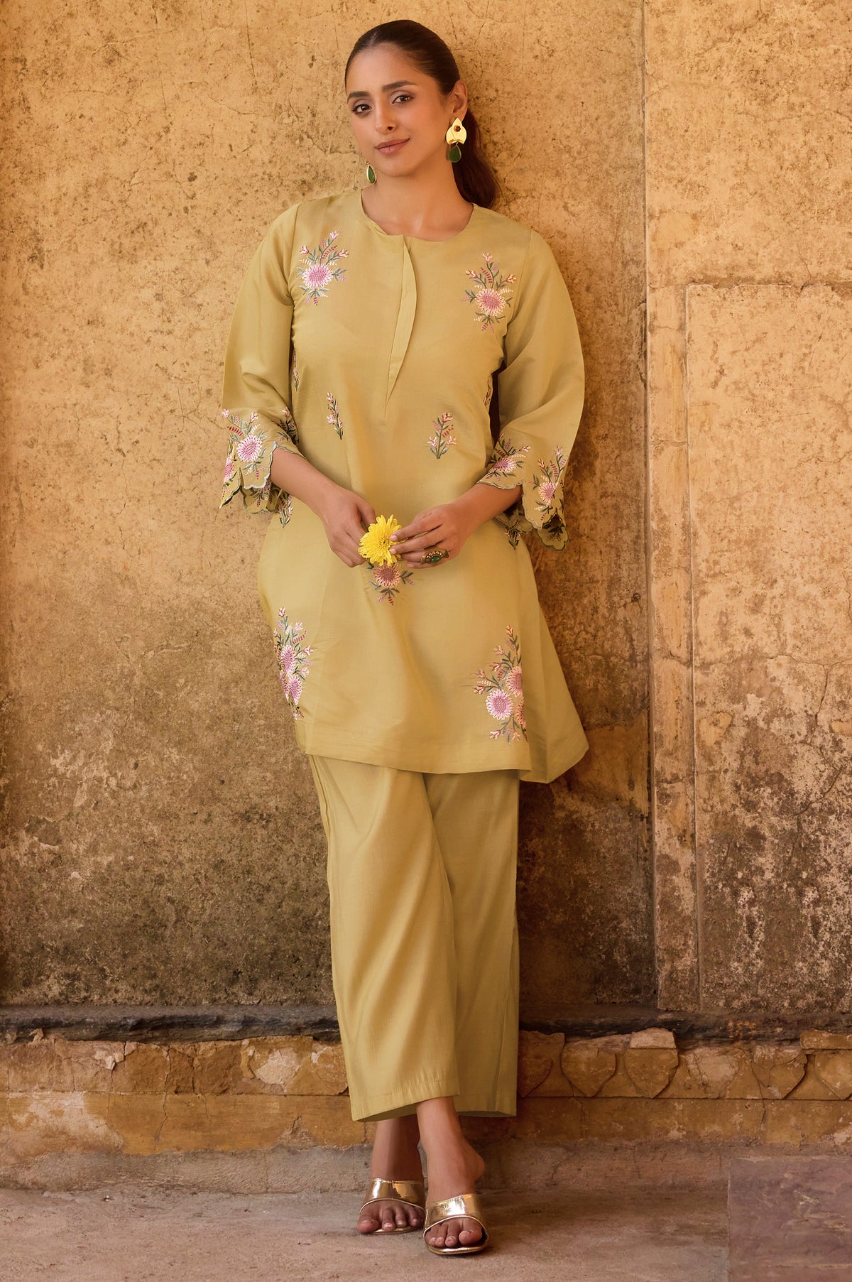 Mustard yellow embroidered Roman silk co-ord set for women with floral kurta and matching pants