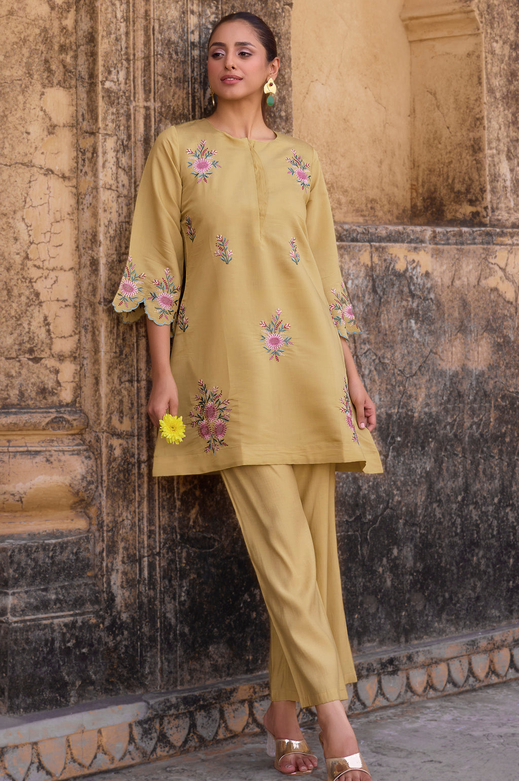 Mustard Yellow Embroidered Roman Silk Co-Ord Set