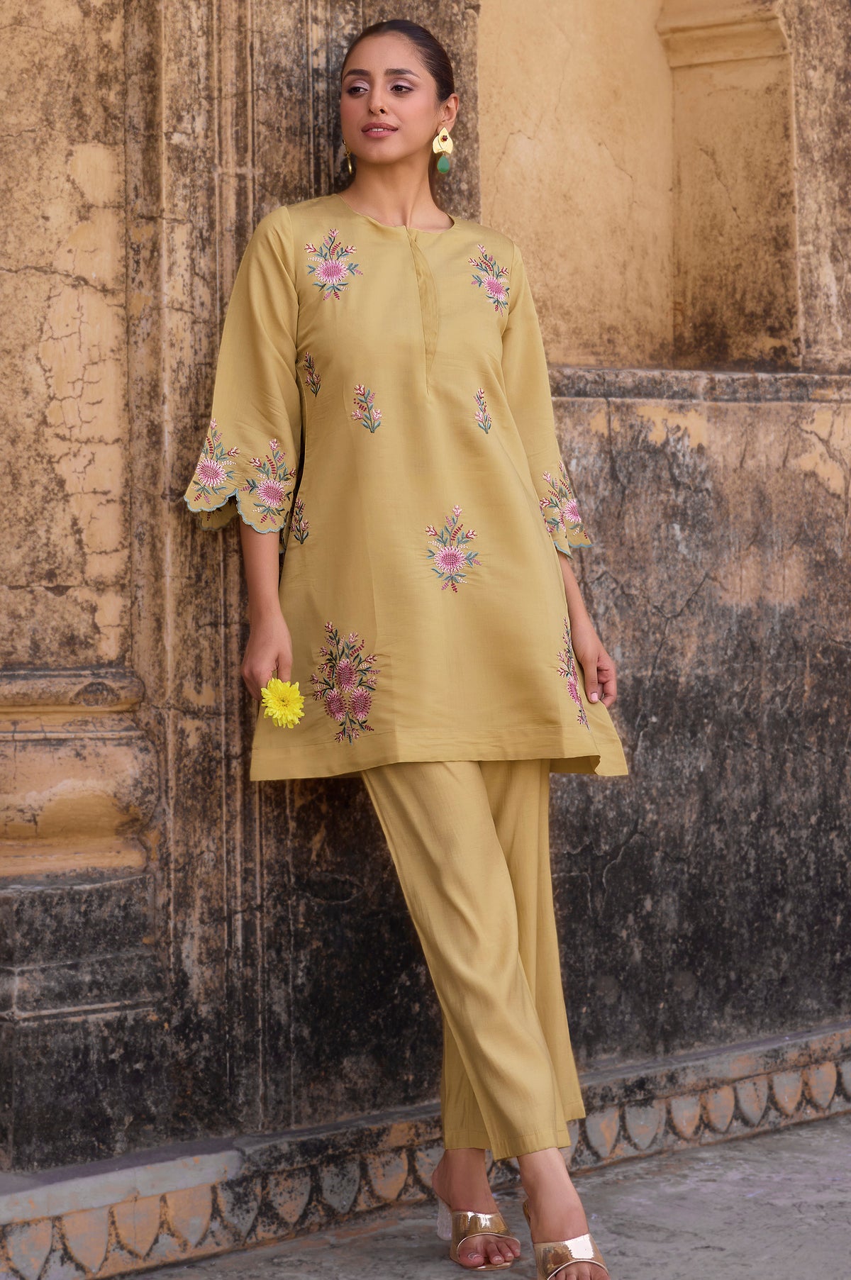 Mustard Yellow Embroidered Roman Silk Co-Ord Set