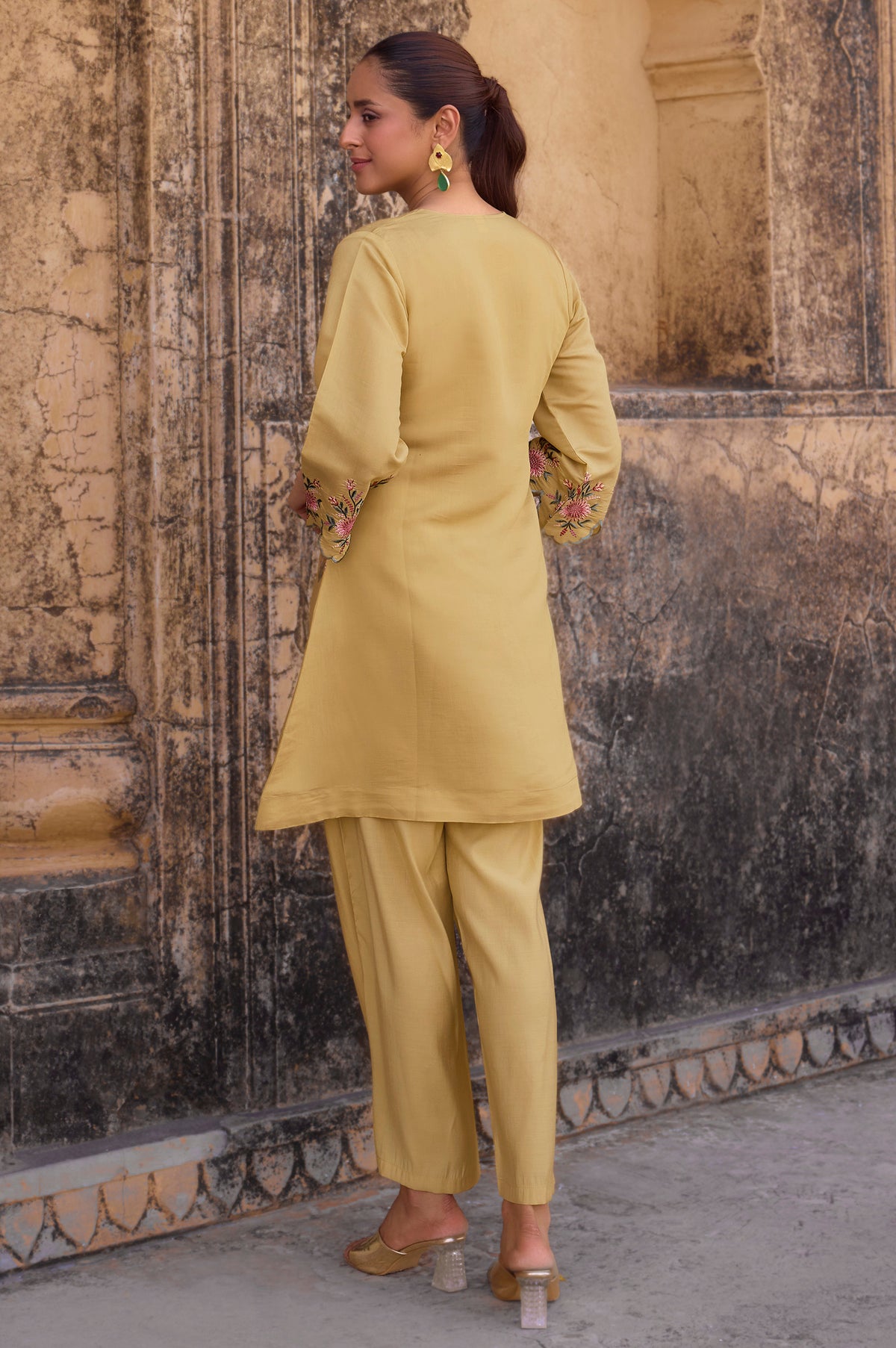 Mustard Yellow Embroidered Roman Silk Co-Ord Set