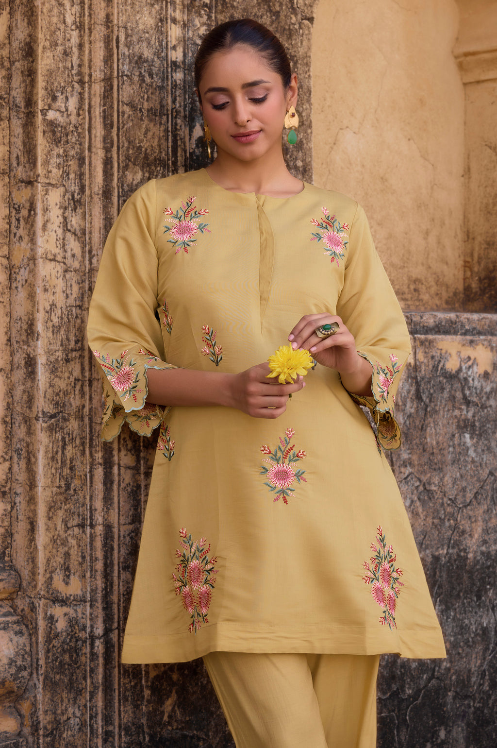 Mustard Yellow Embroidered Roman Silk Co-Ord Set