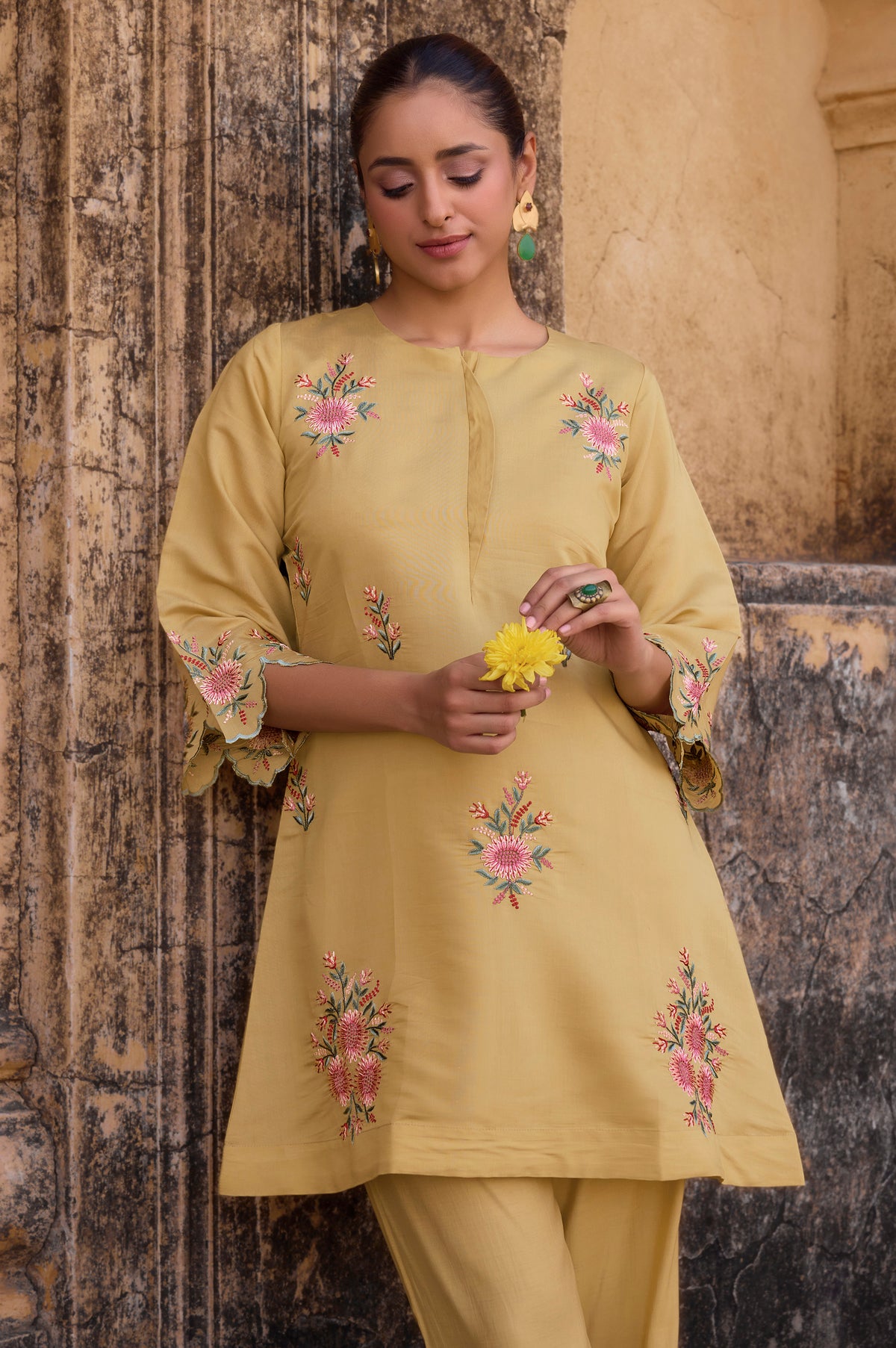 Mustard Yellow Embroidered Roman Silk Co-Ord Set