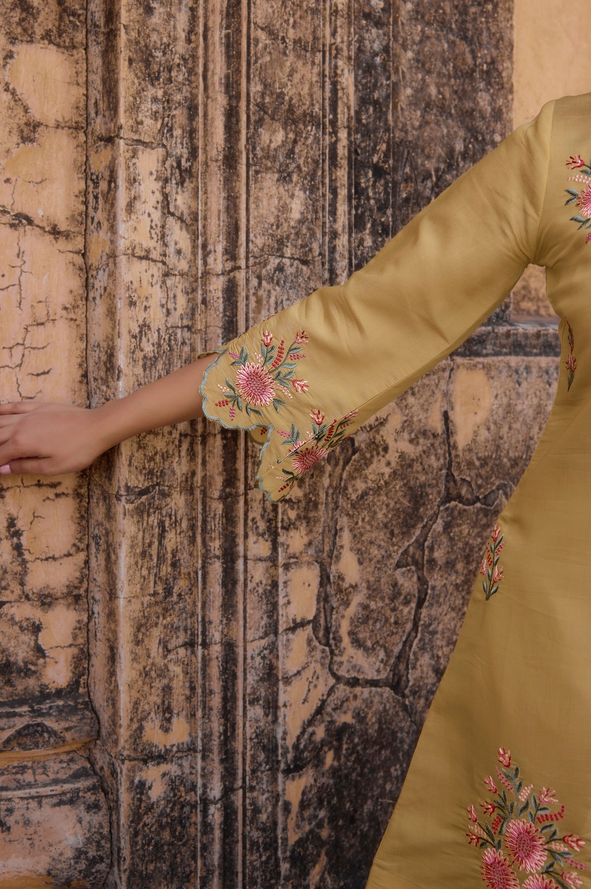 Mustard Yellow Embroidered Roman Silk Co-Ord Set