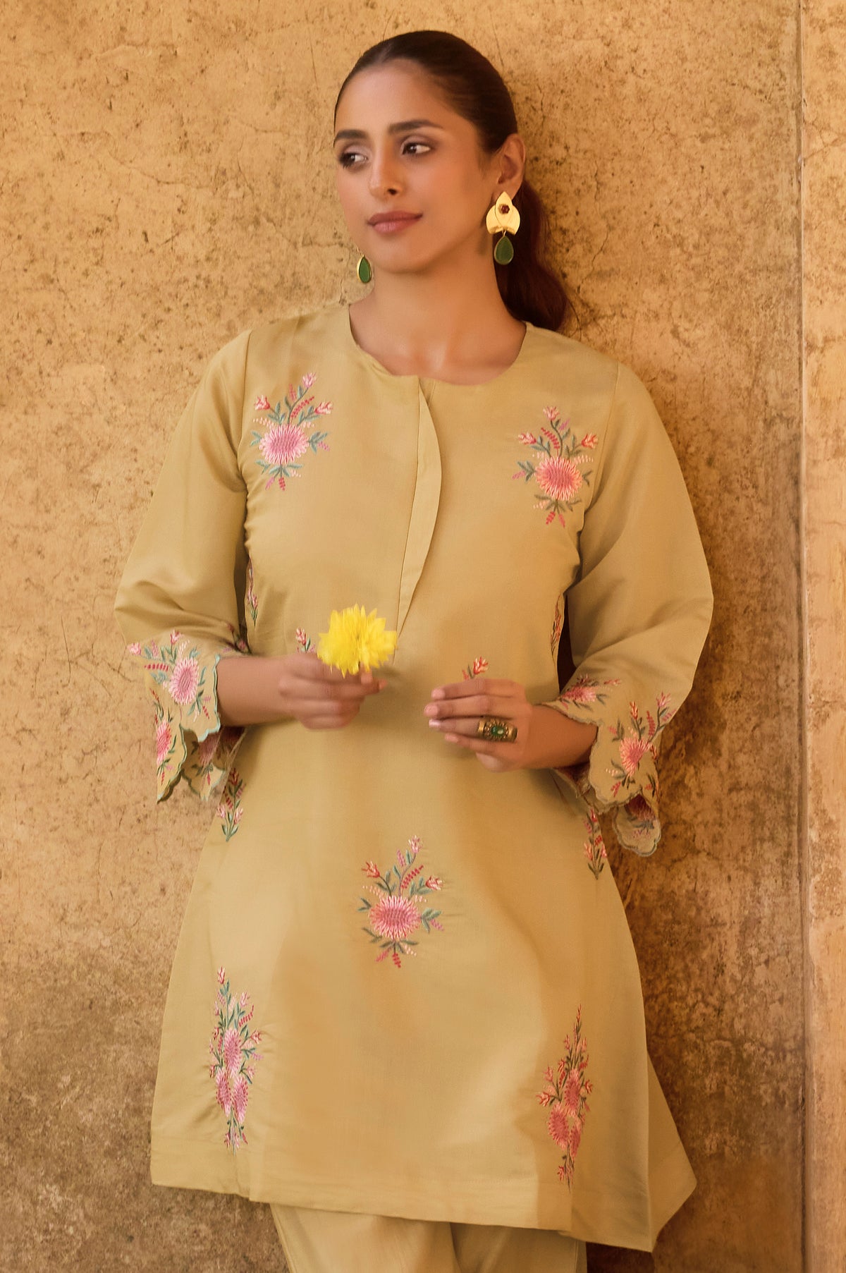 Mustard Yellow Embroidered Roman Silk Co-Ord Set