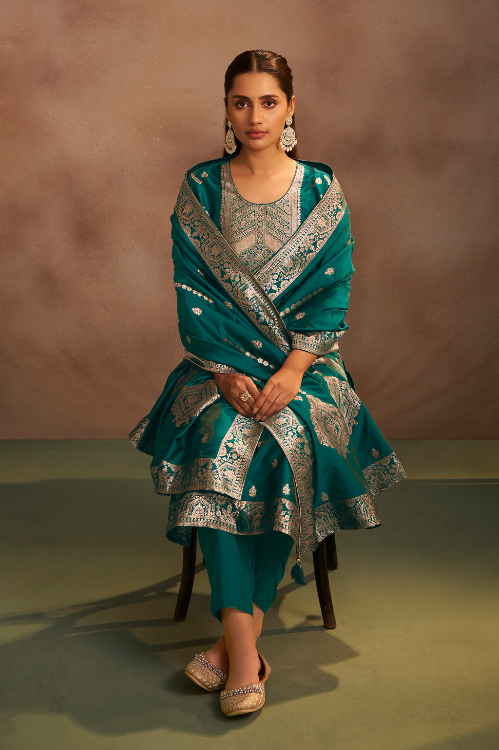 Rama Green Jacquard Art Silk Straight Kurta Set