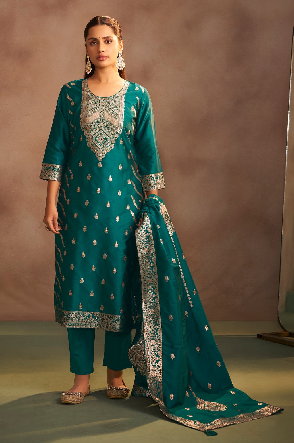 Rama Green Jacquard Art Silk Straight Kurta Set