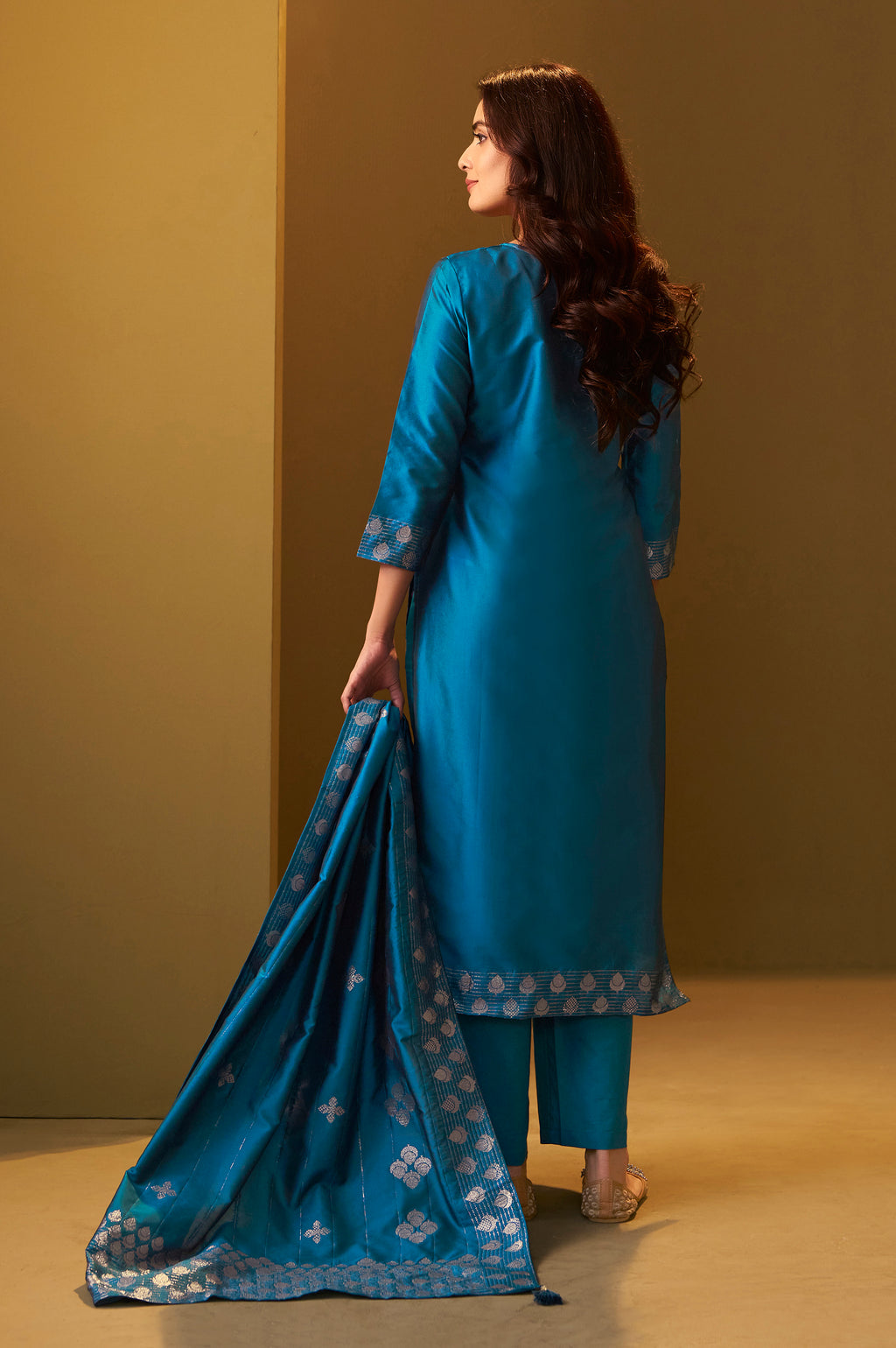 Turquoise Blue Art Silk Jacquard Kurta Set
