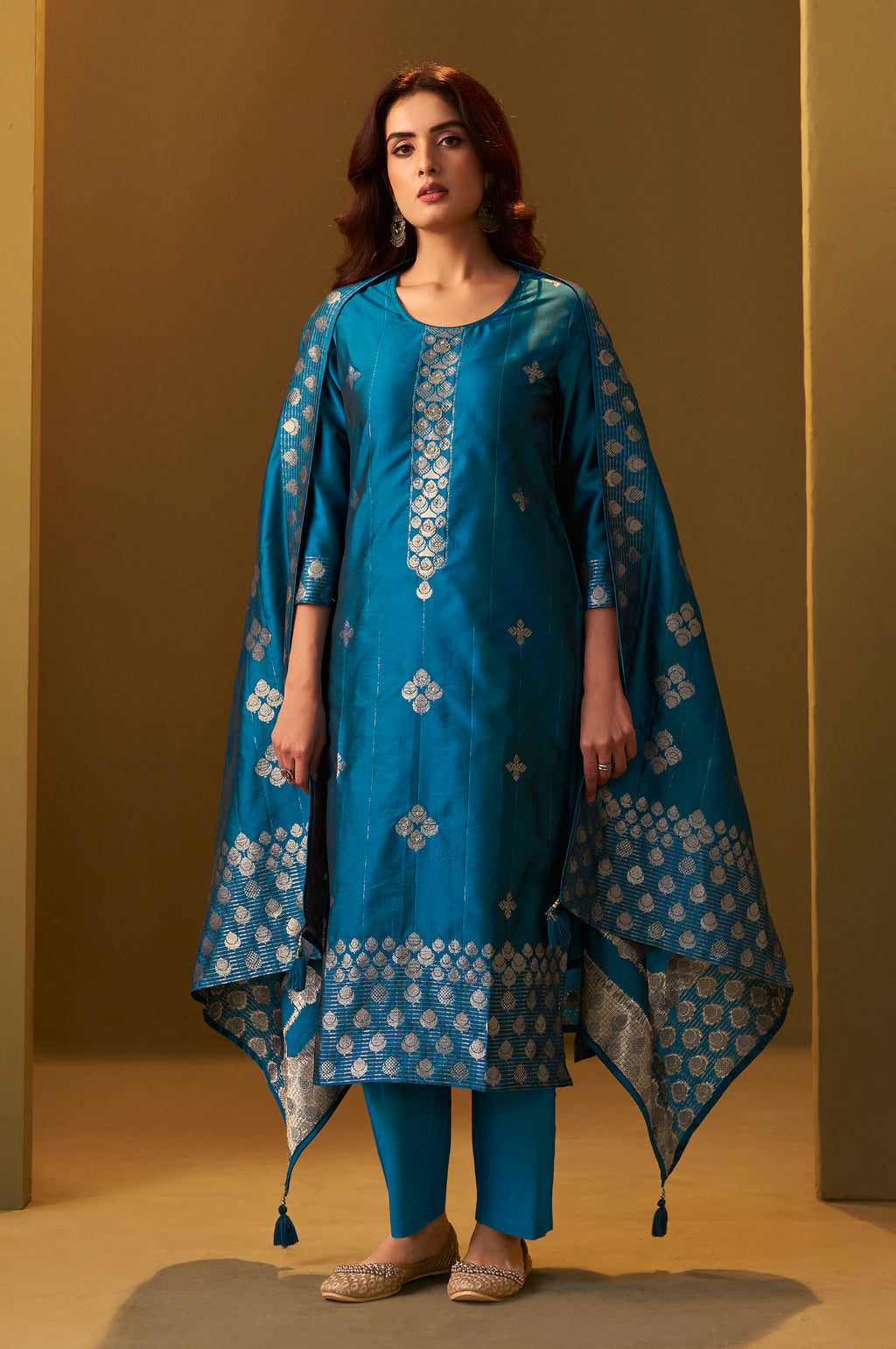 Turquoise blue art silk jacquard kurta set with matching pant and detailed dupatta for women