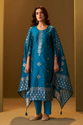 Turquoise blue art silk jacquard kurta set with matching pant and detailed dupatta for women
