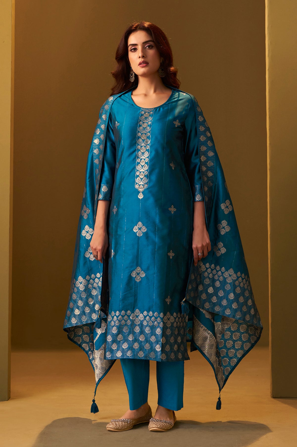 Turquoise blue art silk jacquard kurta set with matching pant and detailed dupatta for women