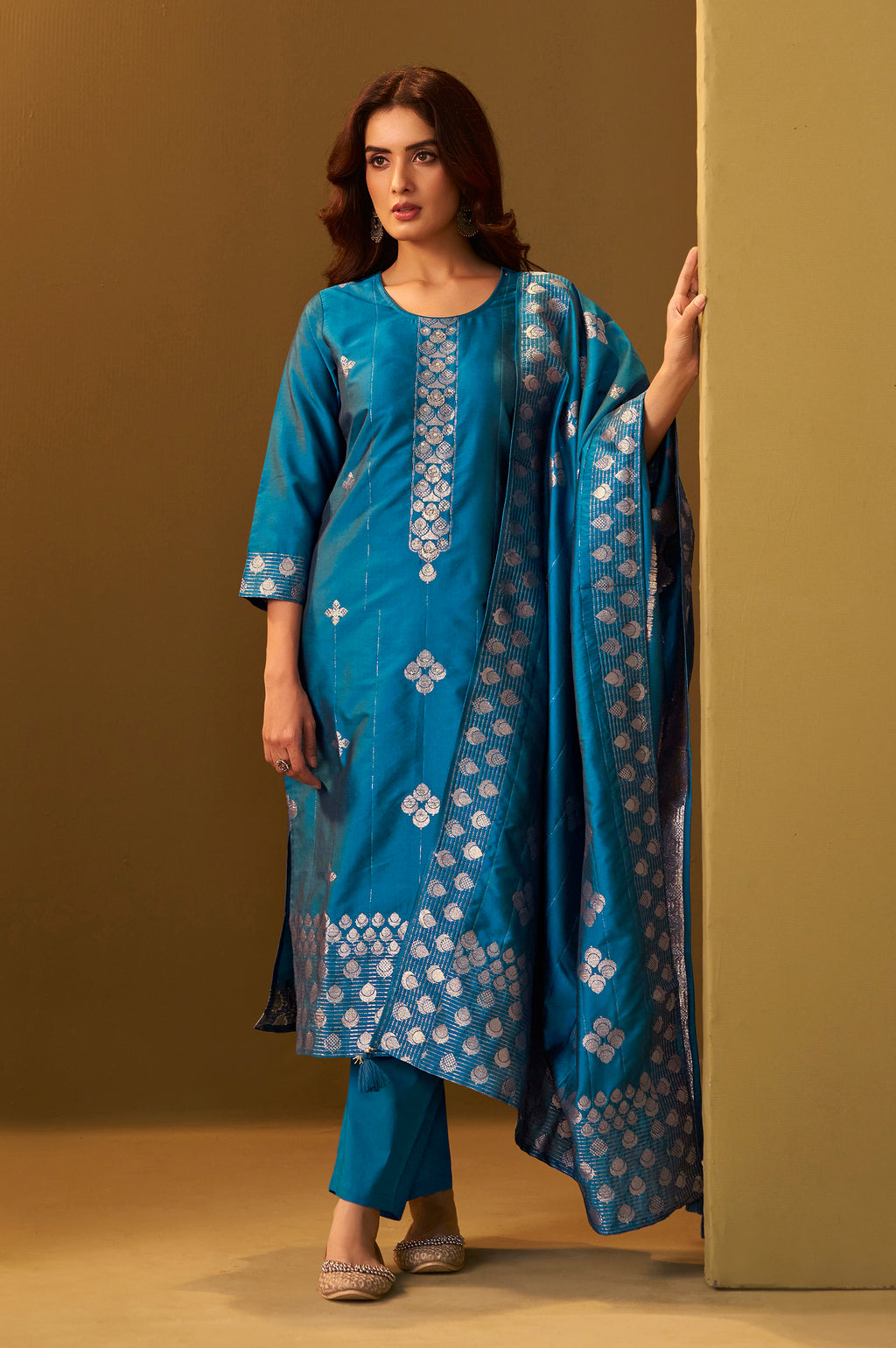 Turquoise Blue Art Silk Jacquard Kurta Set