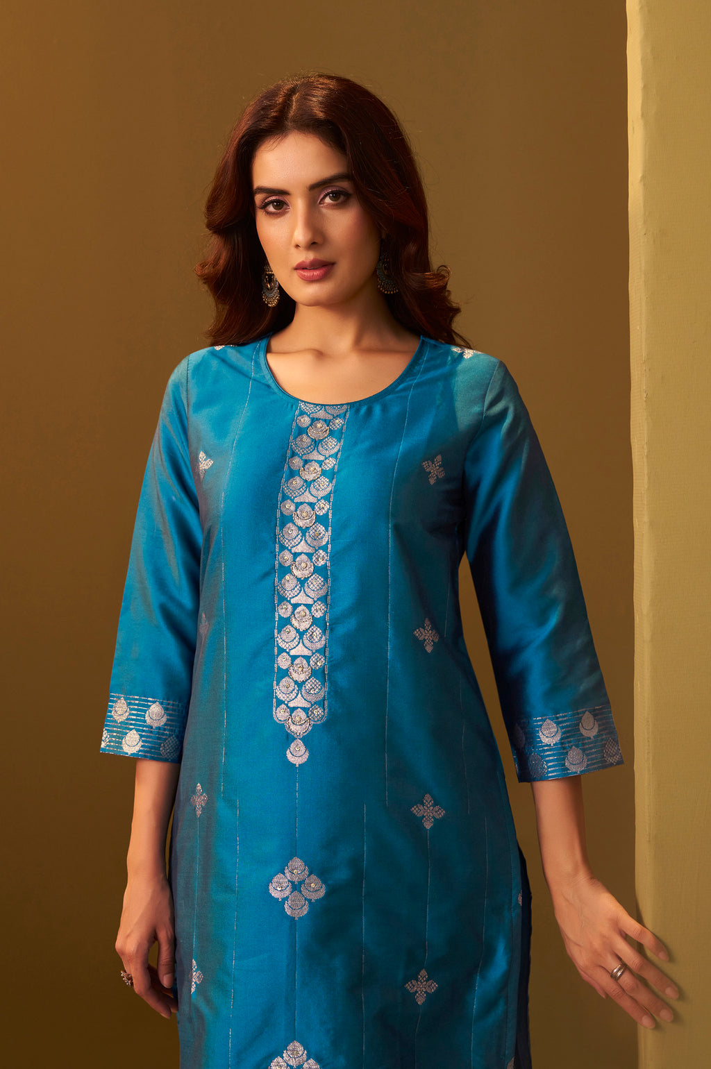 Turquoise Blue Art Silk Jacquard Kurta Set