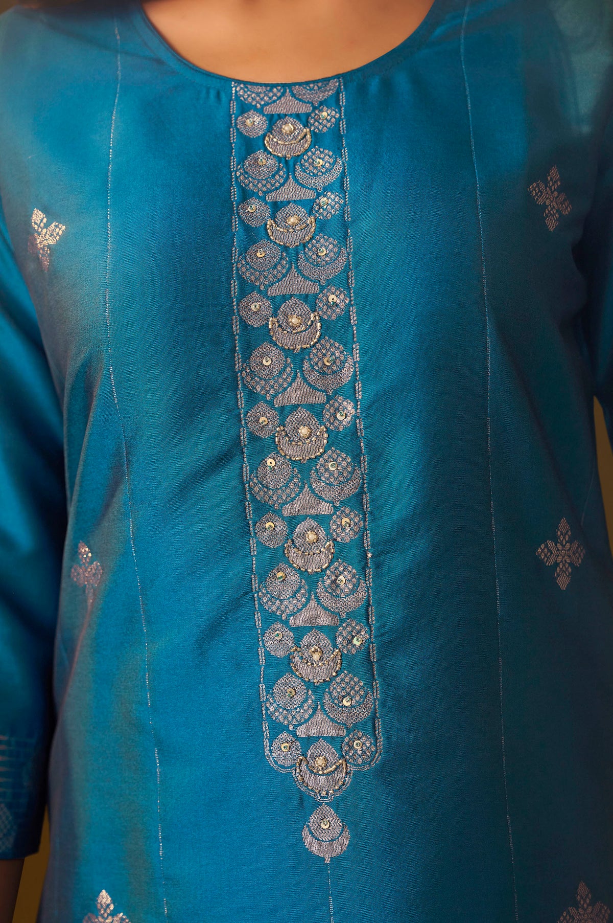 Turquoise Blue Art Silk Jacquard Kurta Set