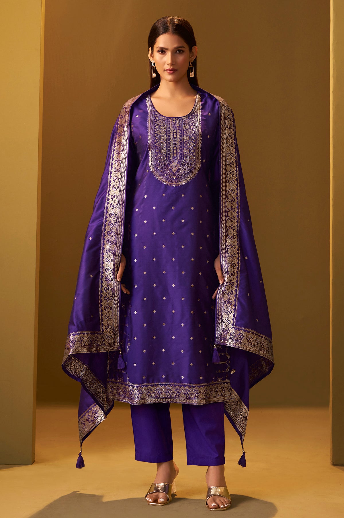 Navy Blue Jacquard Art Silk Straight Kurta Set