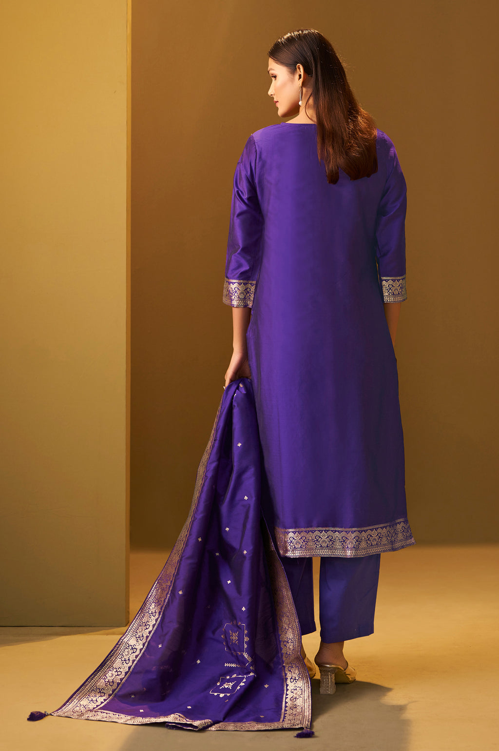 Navy Blue Jacquard Art Silk Straight Kurta Set
