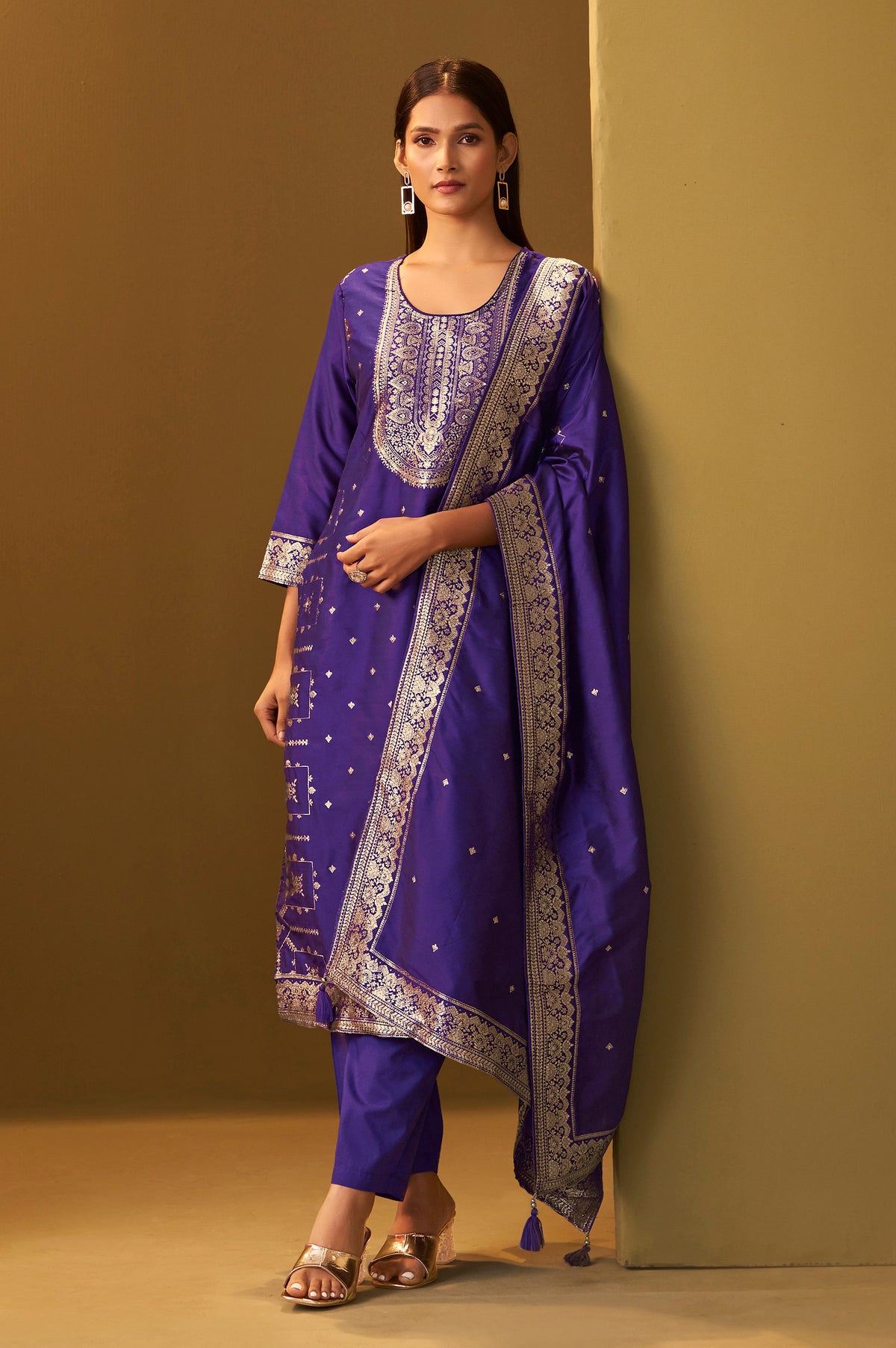 Navy Blue Jacquard Art Silk Straight Kurta Set