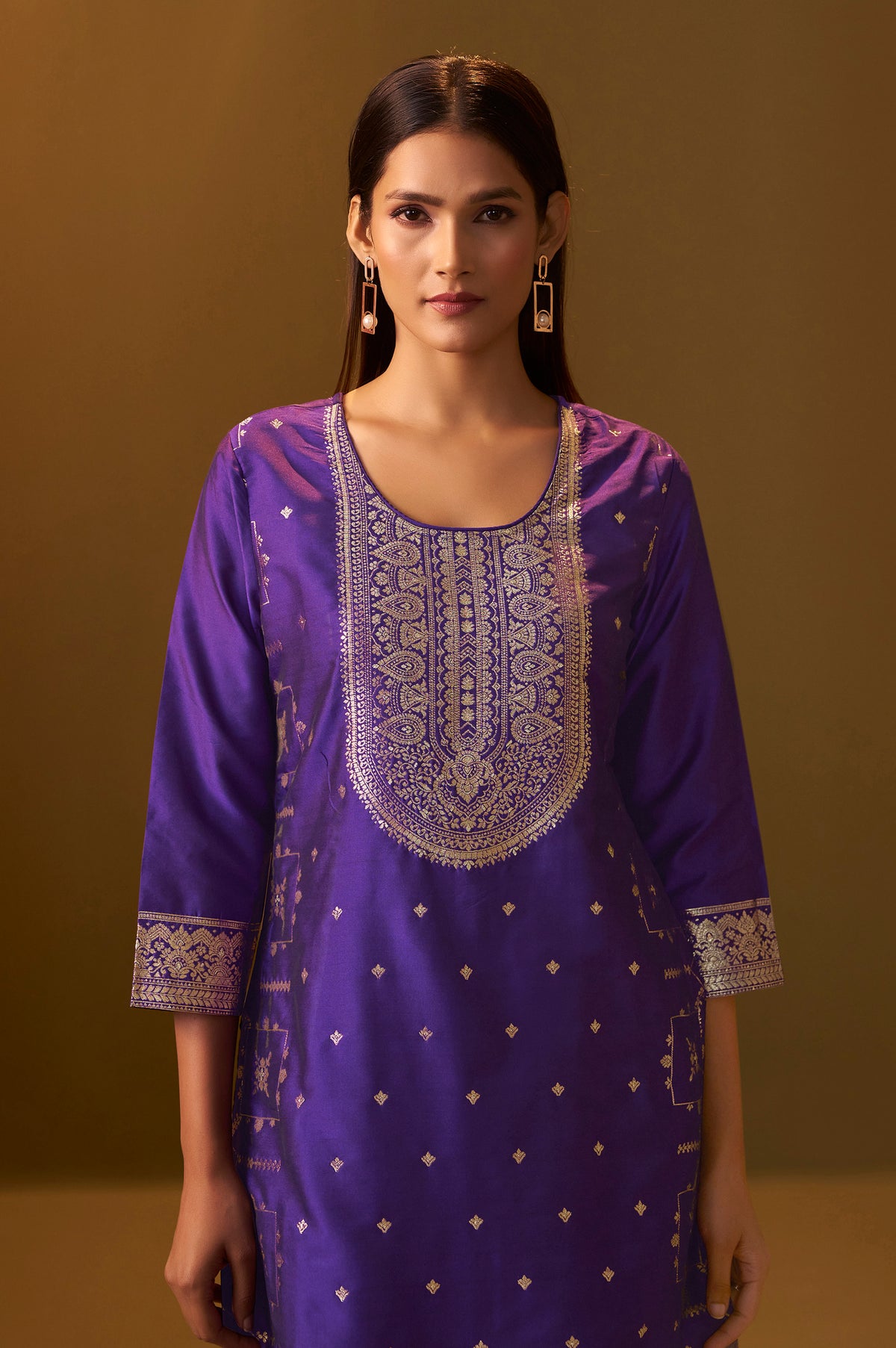 Navy Blue Jacquard Art Silk Straight Kurta Set
