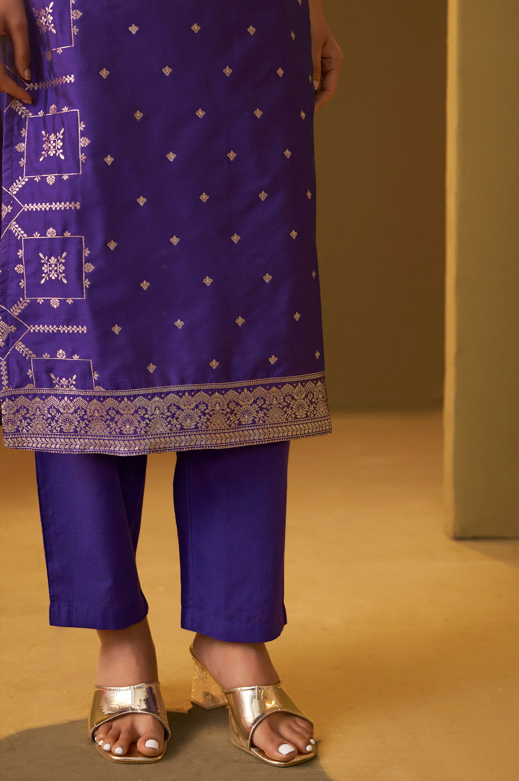 Navy Blue Jacquard Art Silk Straight Kurta Set