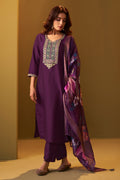 Designer wine cotton blend embroidered straight kurta set with pant and floral dupatta for women