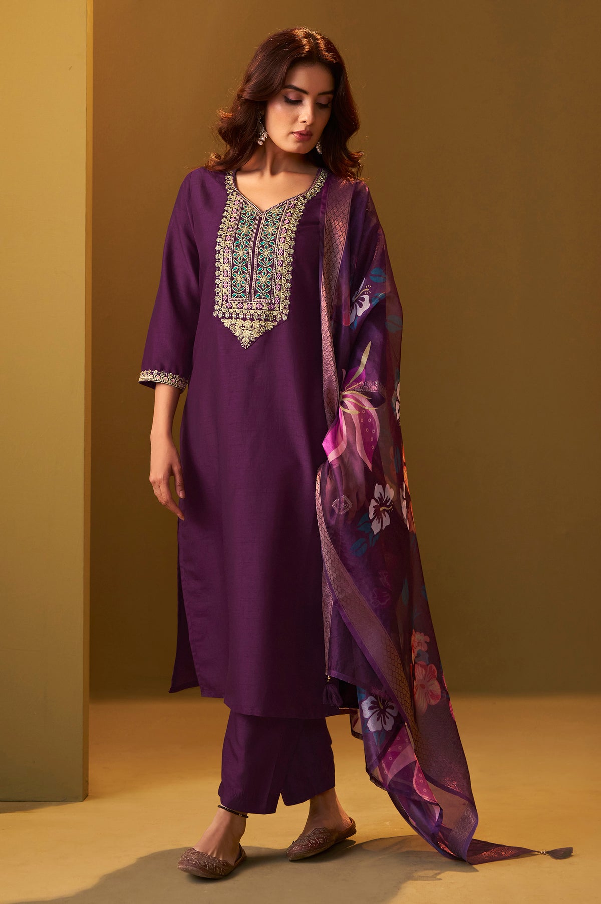 Designer wine cotton blend embroidered straight kurta set with pant and floral dupatta for women