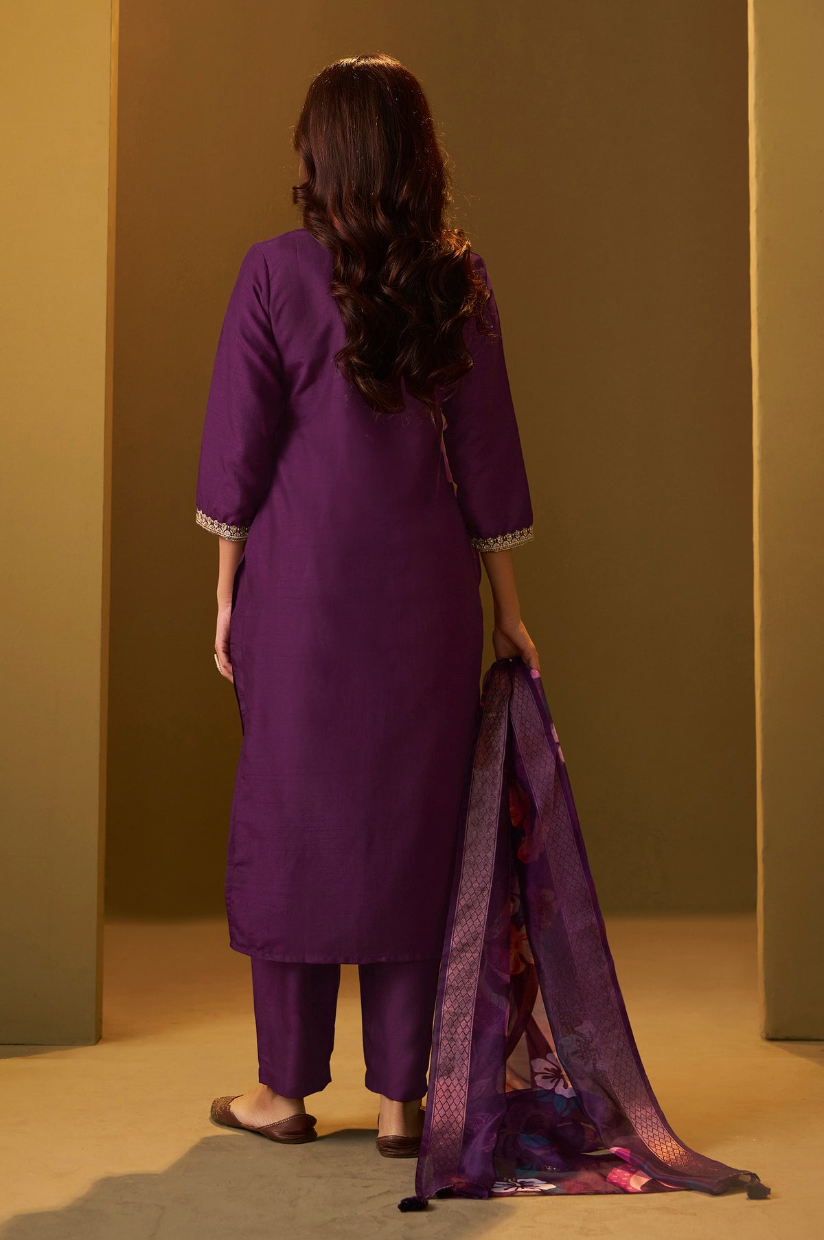 Designer Wine Cotton Blend Embroidered Straight Kurta with Pant