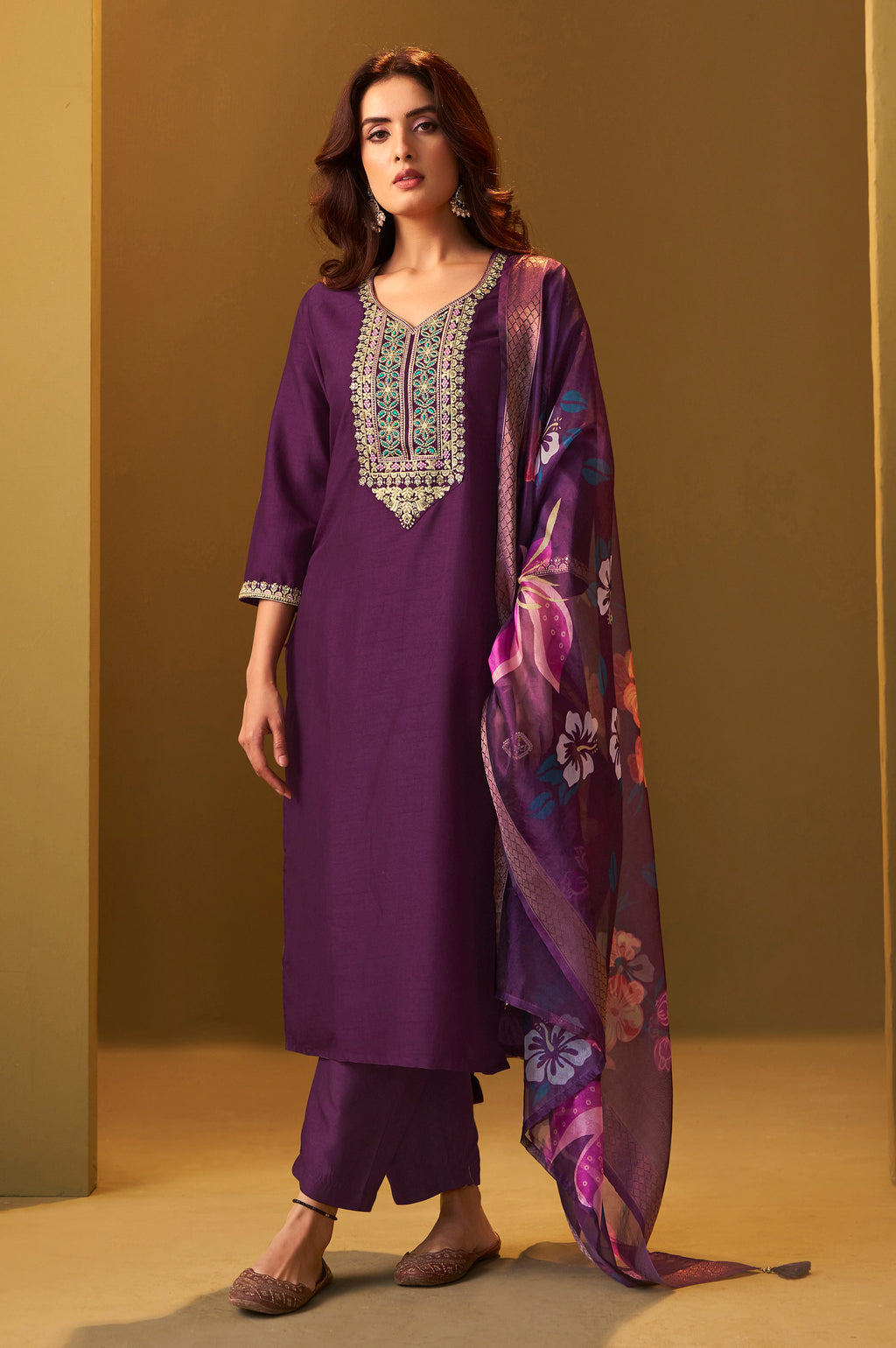 Designer Wine Cotton Blend Embroidered Straight Kurta with Pant