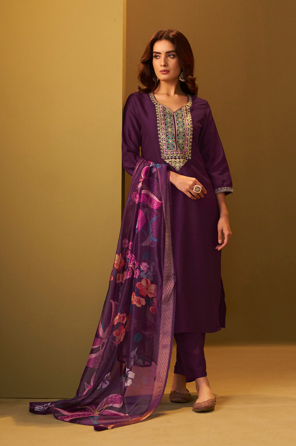 Designer Wine Cotton Blend Embroidered Straight Kurta with Pant
