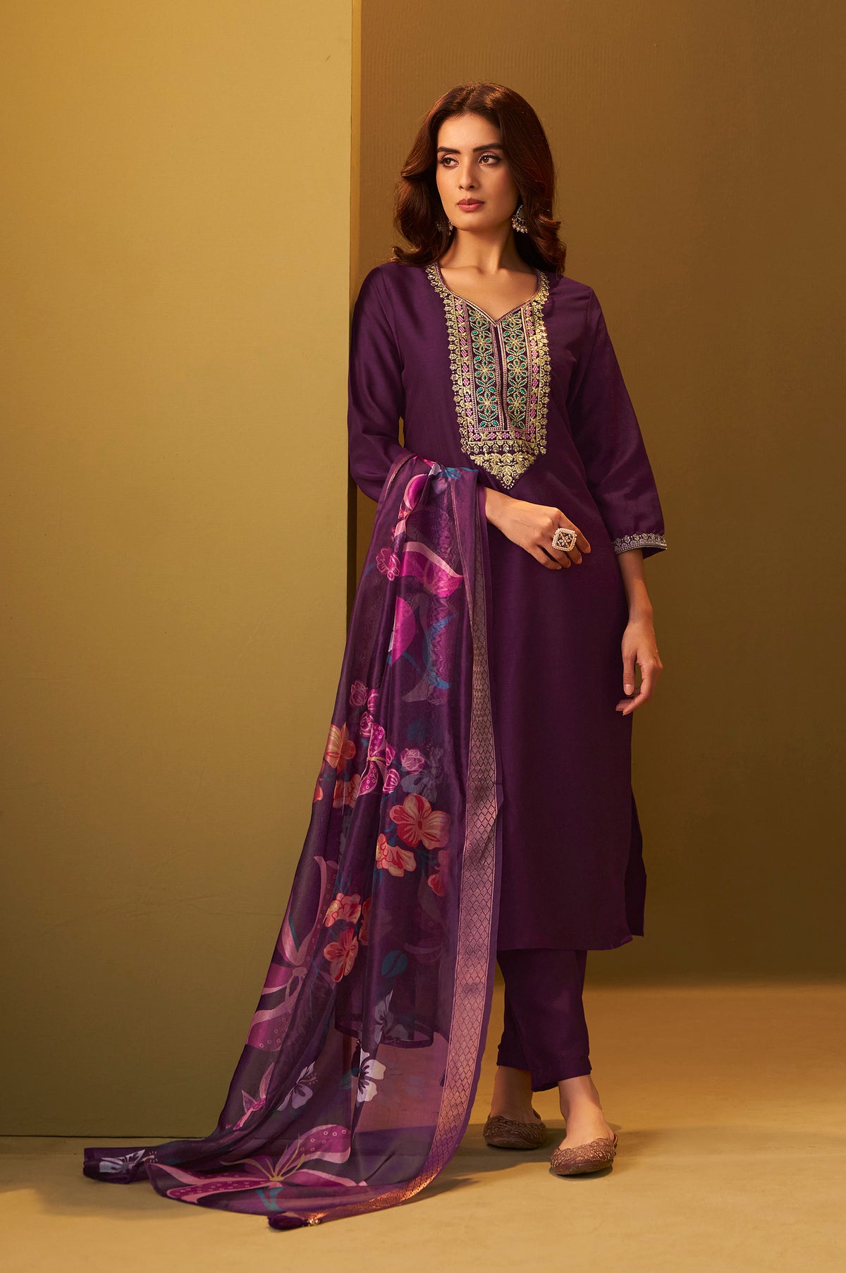Designer Wine Cotton Blend Embroidered Straight Kurta with Pant