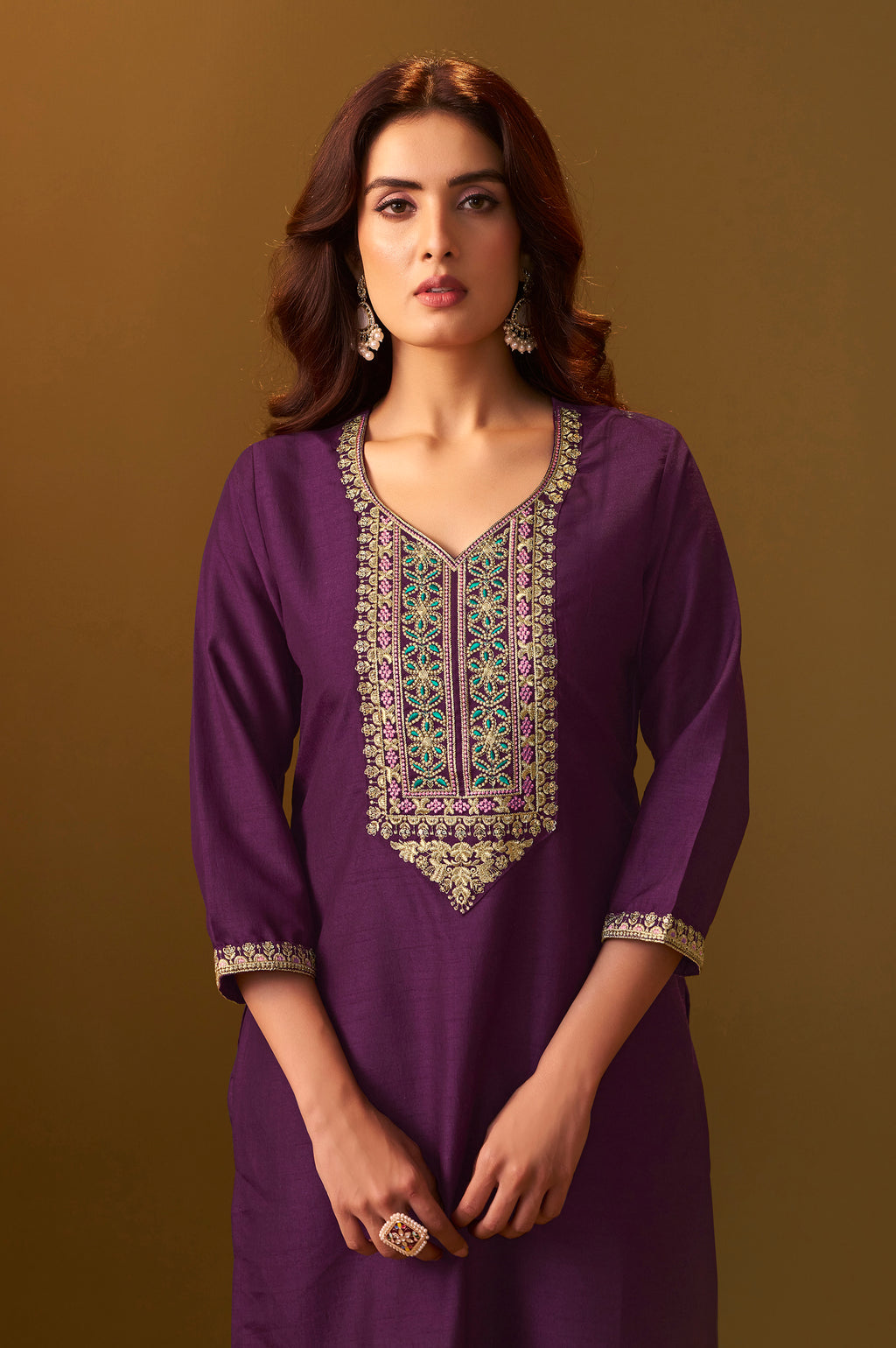 Designer Wine Cotton Blend Embroidered Straight Kurta with Pant