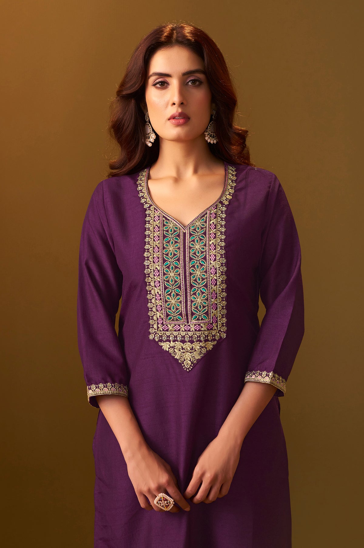 Designer Wine Cotton Blend Embroidered Straight Kurta with Pant