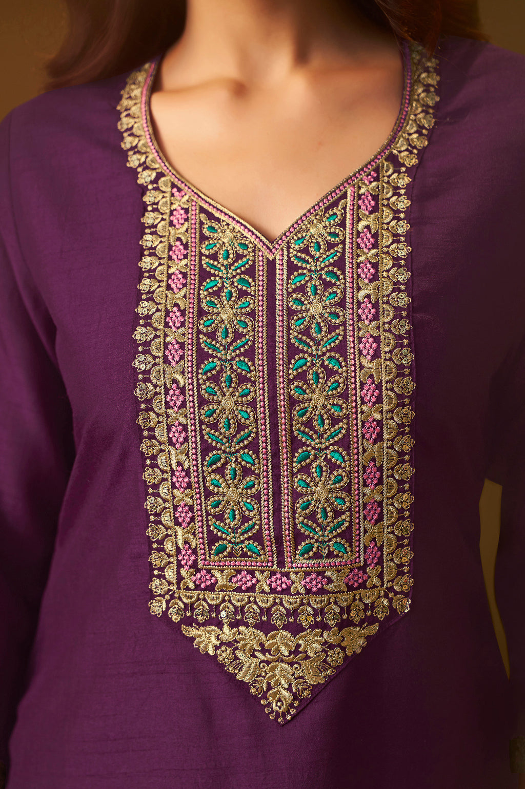 Designer Wine Cotton Blend Embroidered Straight Kurta with Pant