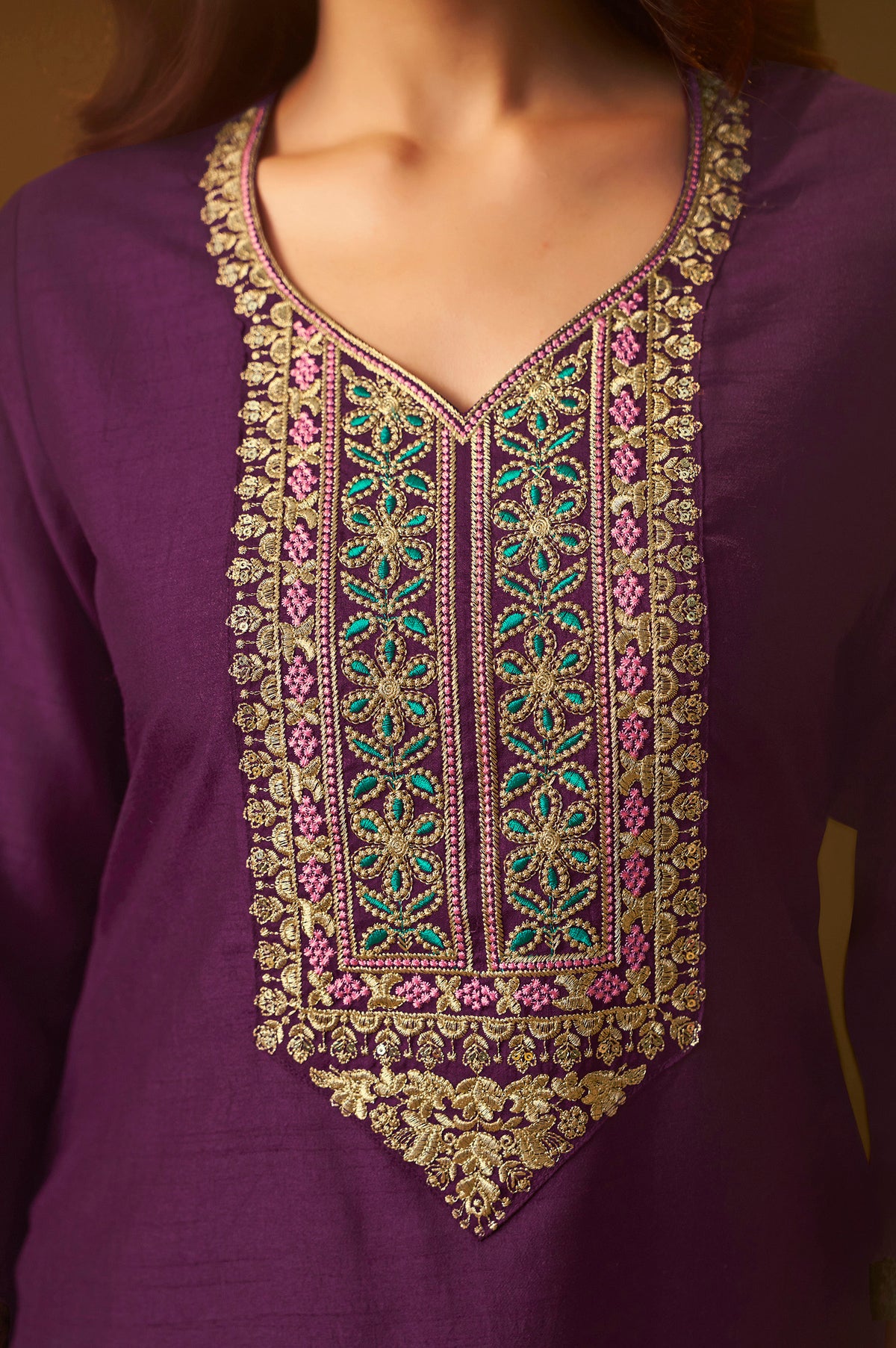 Designer Wine Cotton Blend Embroidered Straight Kurta with Pant