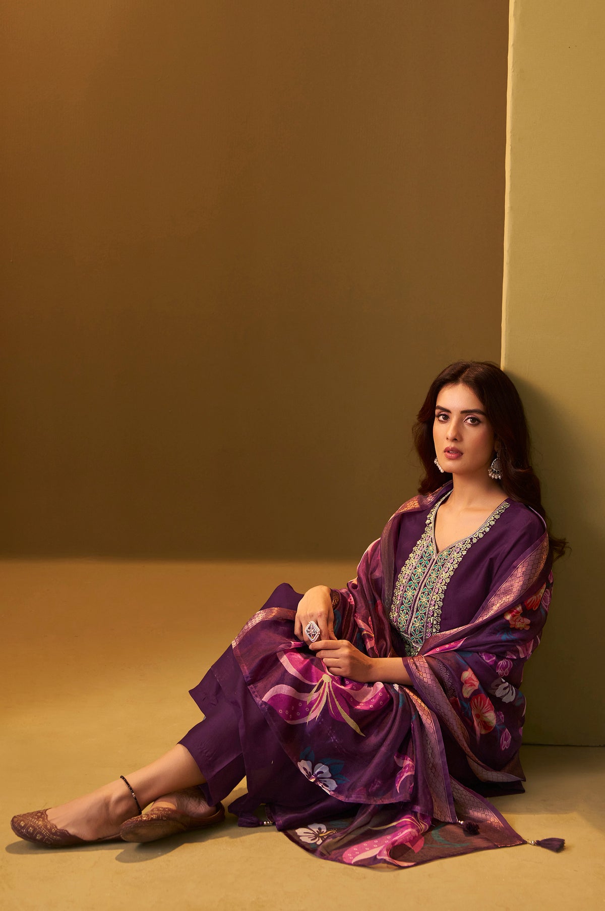 Designer Wine Cotton Blend Embroidered Straight Kurta with Pant