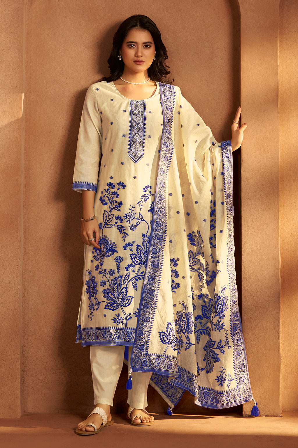 Cream Jacquard Art Silk Kurta Set