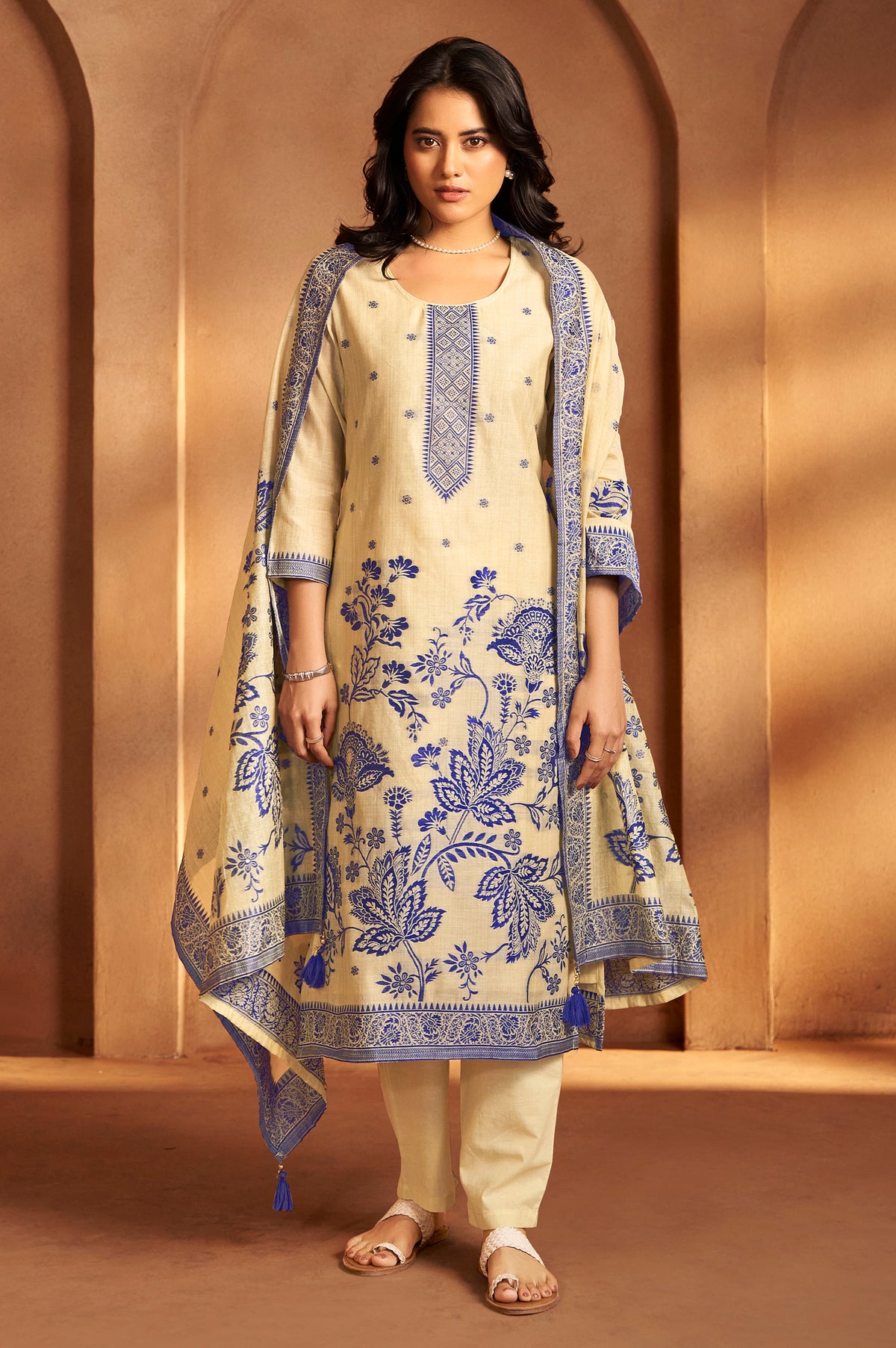 Cream Jacquard Art Silk Kurta Set