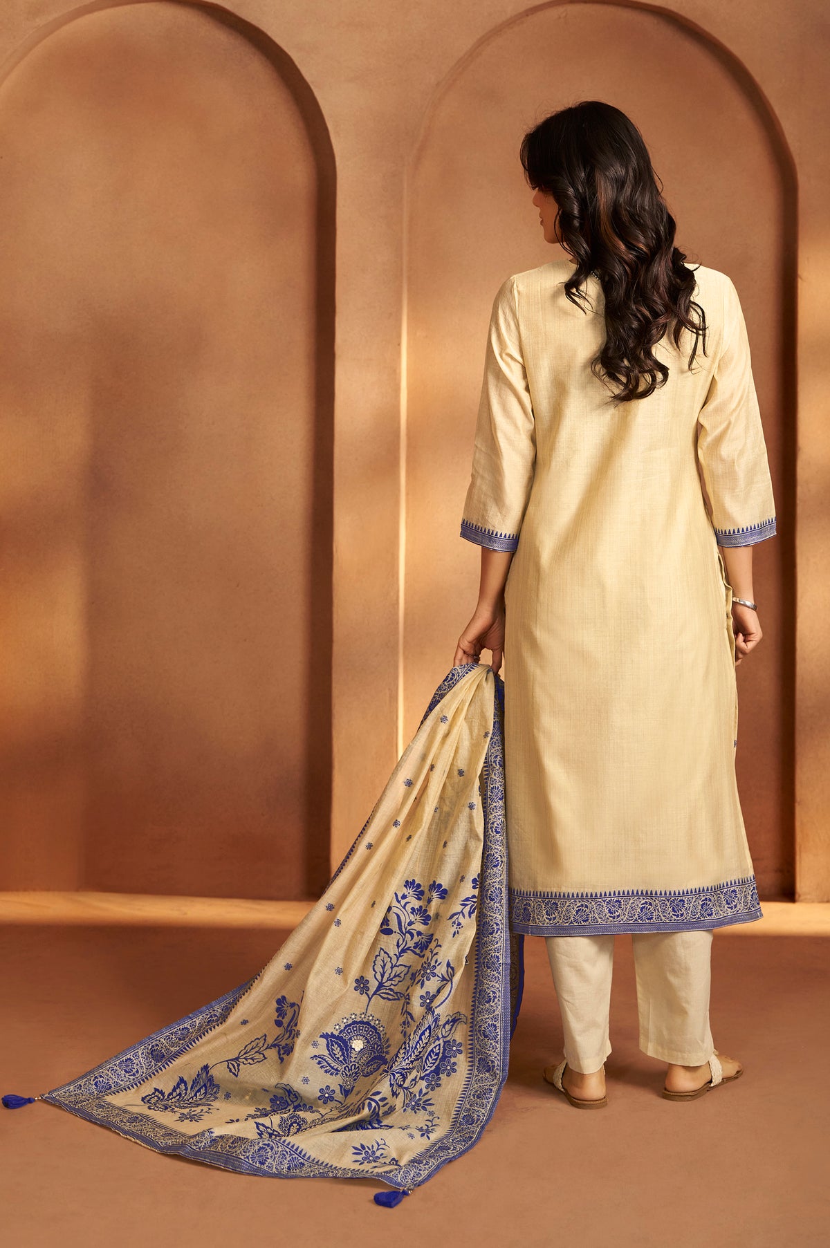 Cream Jacquard Art Silk Kurta Set