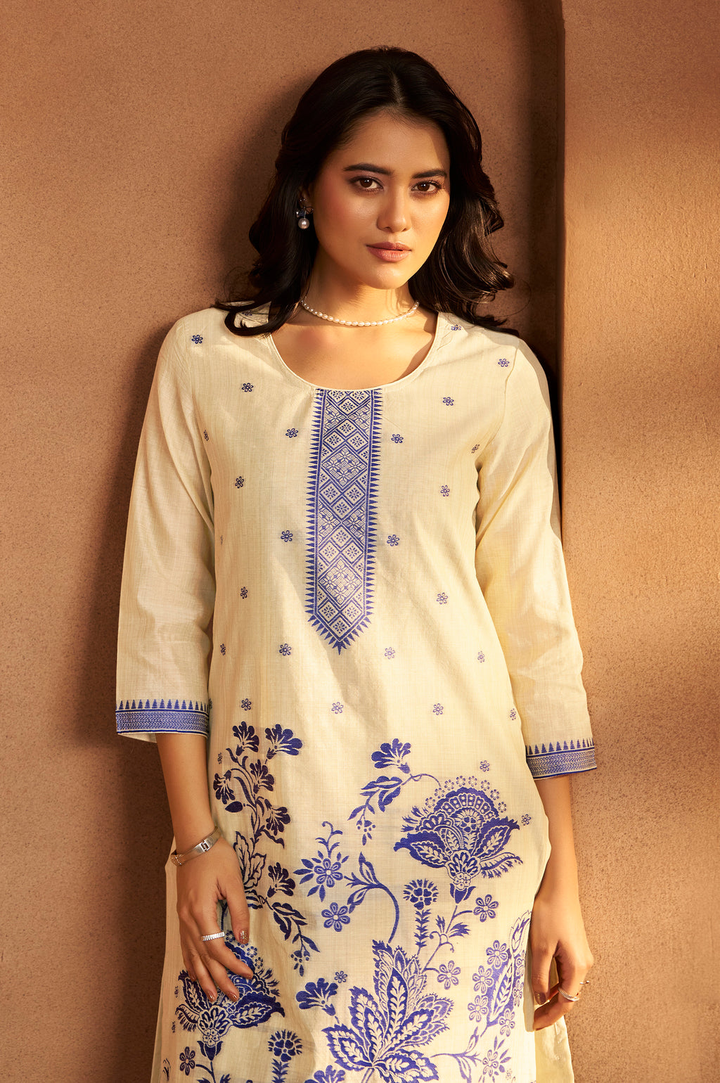 Cream Jacquard Art Silk Kurta Set